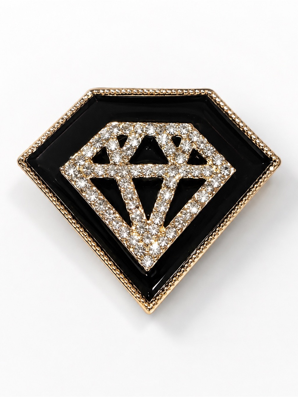 Black Enamel Rhinestone Diamond Brooch – Gold Tone Statement Pin Art Deco